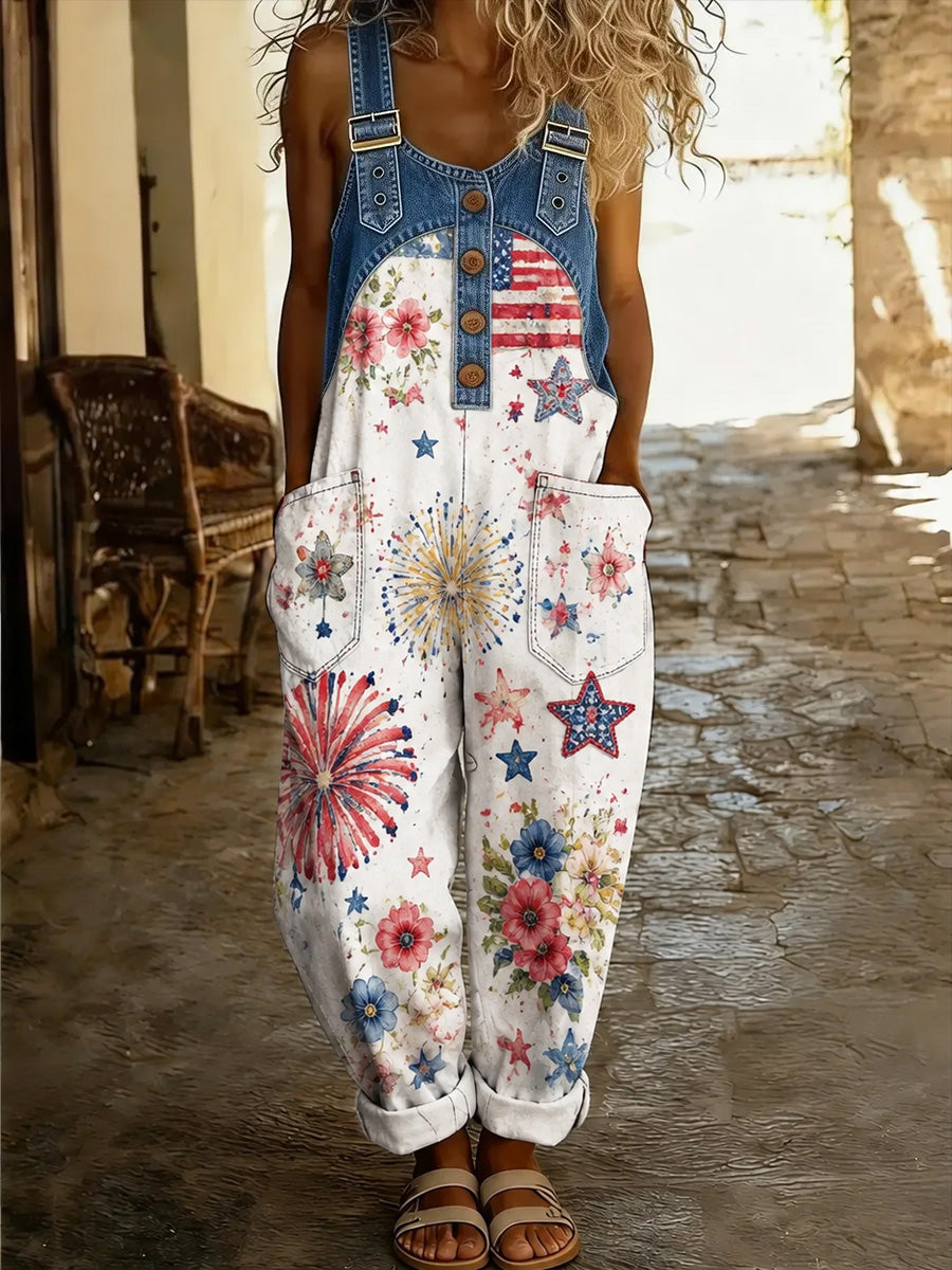 Women's Retro Style Print Washed Cotton Denim Patchwork Jumpsuit